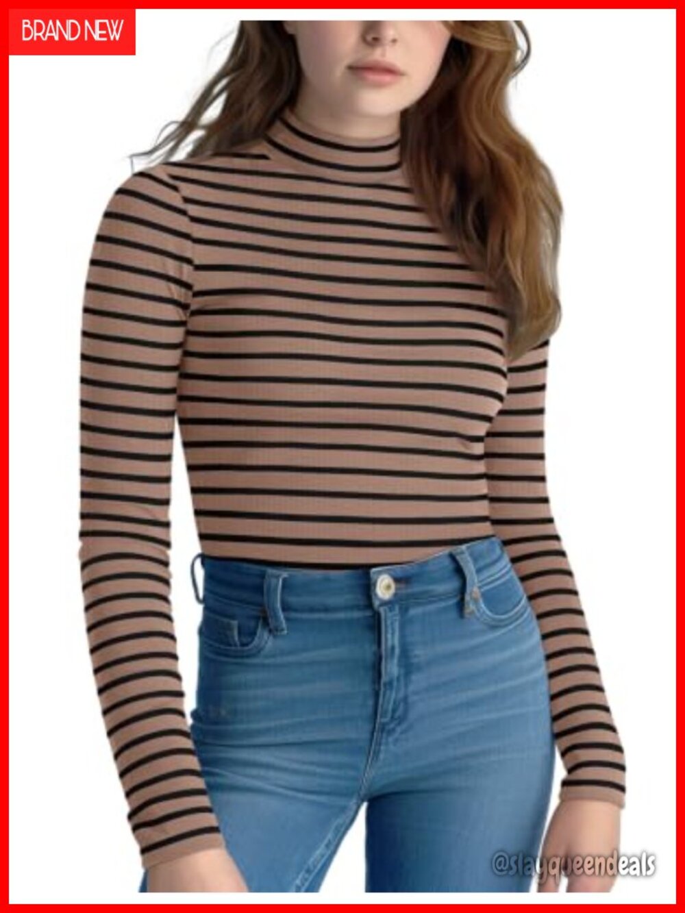 Striped Mock Turtleneck Long Sleeve Fitted Ribbed Knit Layering Top